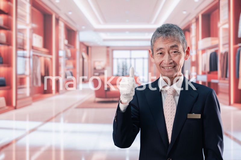 高級ブランド店で接客をする中年の男性