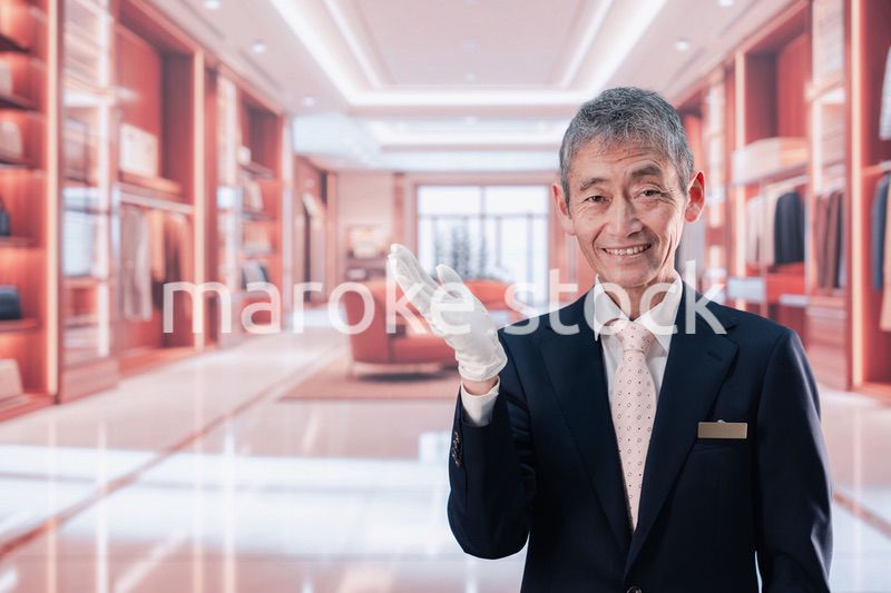 高級ブランド店で接客をする中年の男性