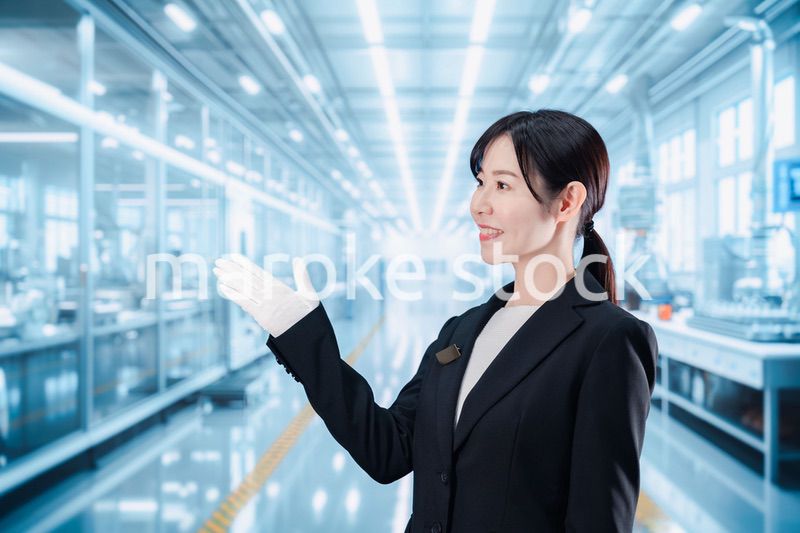 工場見学の案内をする若いビジネスウーマン