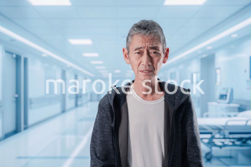 入院中に病院の中を歩く高齢男性