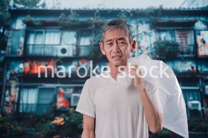 ゴミ拾いをするホームレスの男性