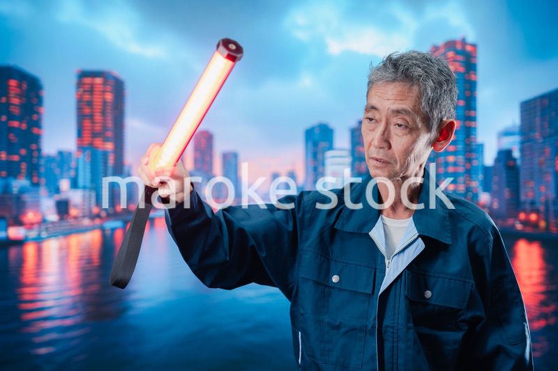 工事現場で警備員をする高齢の男性