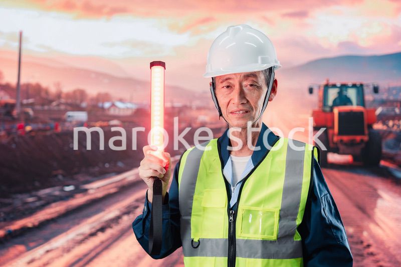 工事現場で警備員をする高齢の男性