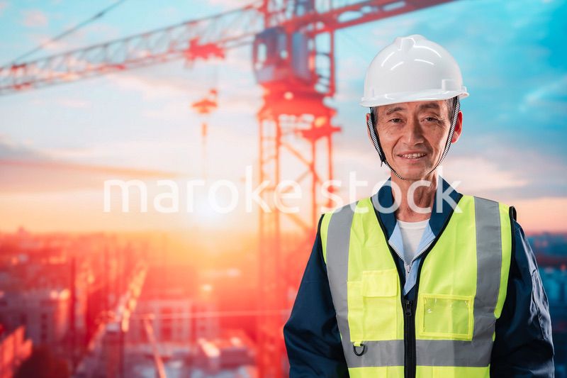 高層ビルの建設現場で監督をする高齢の男性