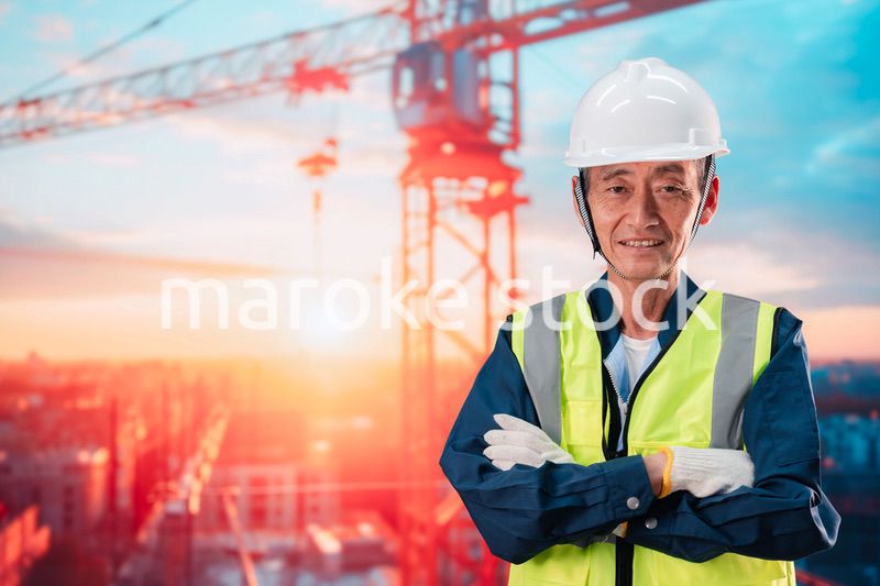 高層ビルの建設現場で監督をする高齢の男性