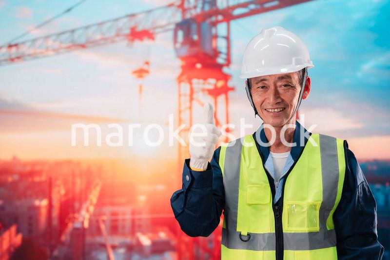 高層ビルの建設現場で監督をする高齢の男性