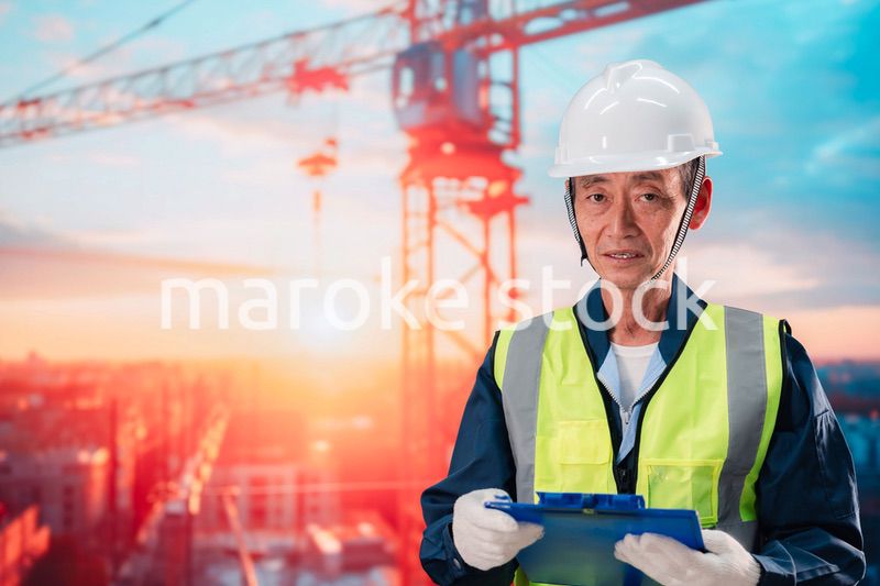 高層ビルの建設現場で監督をする高齢の男性