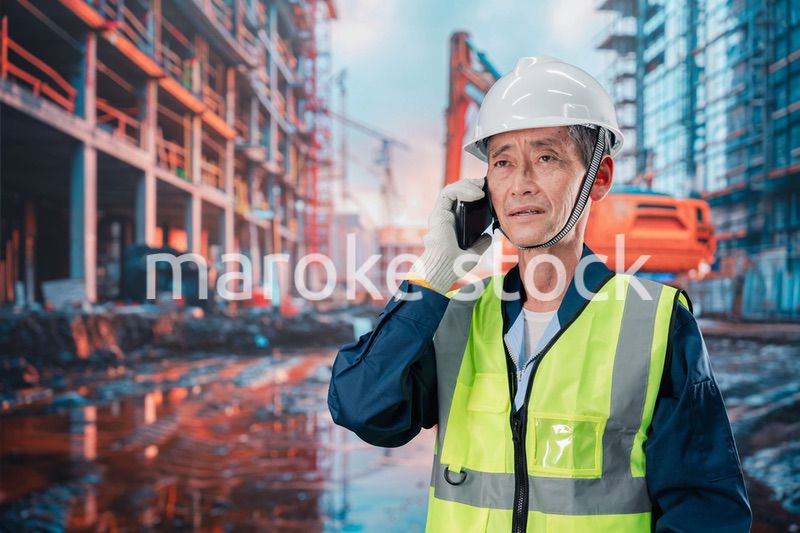 工事現場から電話をする現場監督の男性