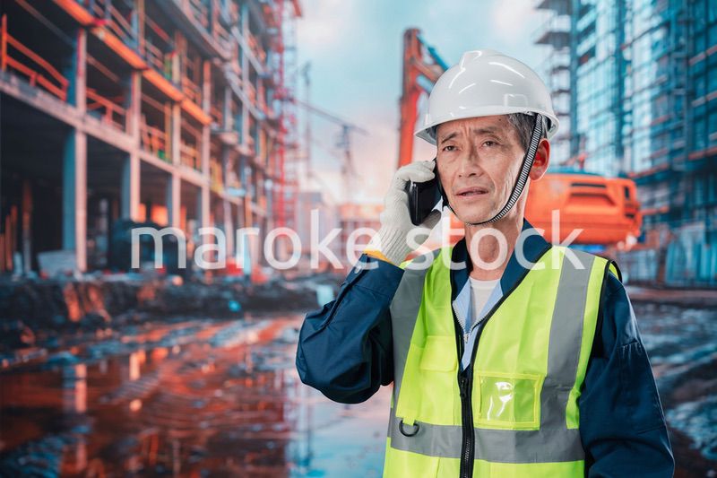 工事現場から電話をする現場監督の男性