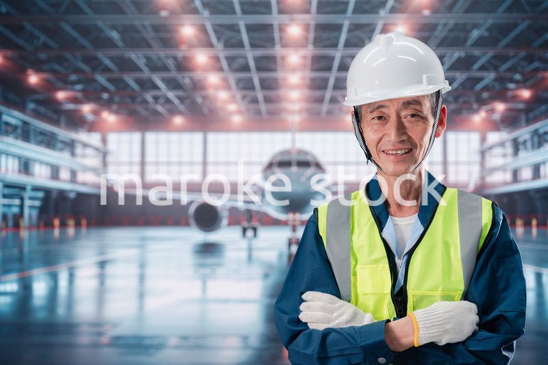 飛行機の格納庫で働くシニアの男性