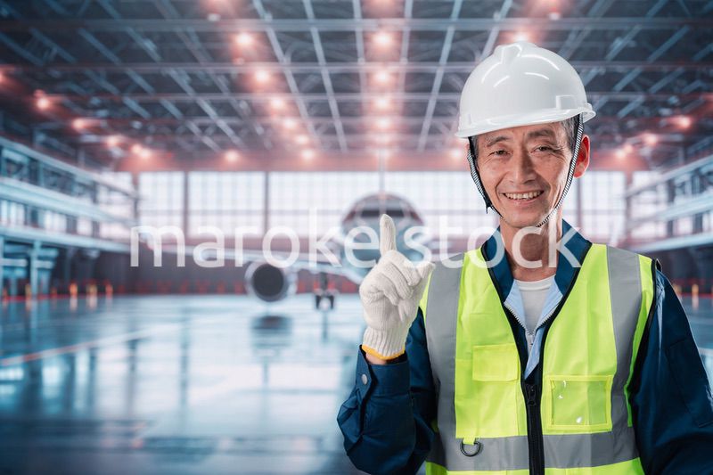 飛行機の格納庫で働くシニアの男性