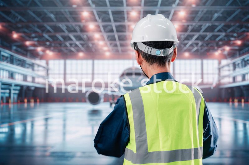 飛行機の格納庫で働くシニアの男性