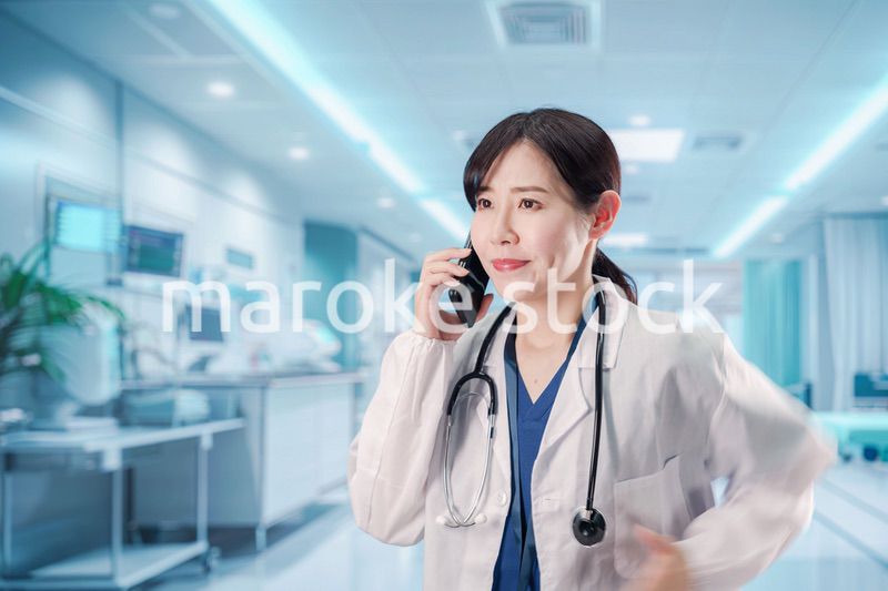 緊急の電話で慌てる医療スタッフ