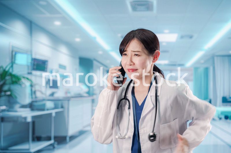 緊急の電話で慌てる医療スタッフ