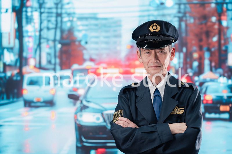 道路で警戒にあたる男性の警察官