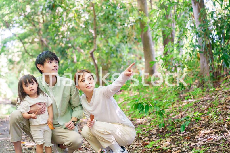 森の中で自然観察をするファミリー