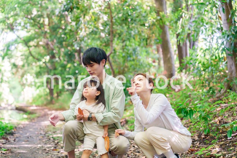 森の中で自然観察をするファミリー