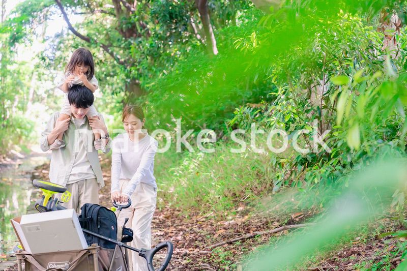 森の中でアウトドアカートを使う家族