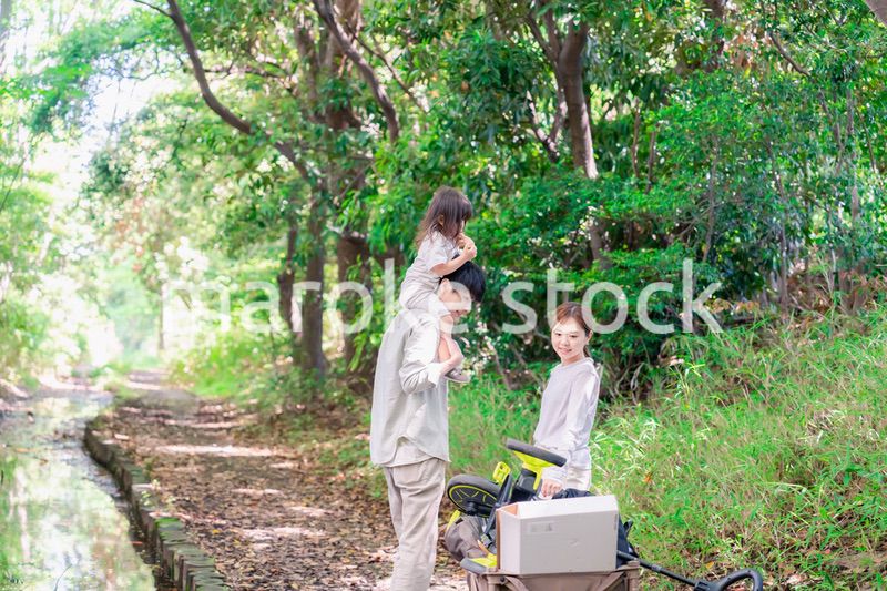 森の中でアウトドアカートを使う家族