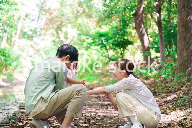 自然の中で虫除けスプレーを使うファミリー