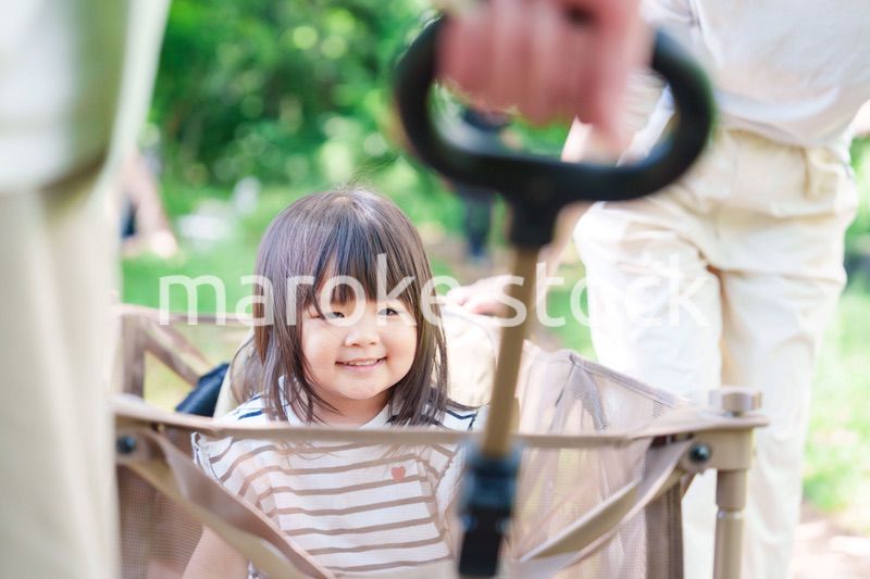 カートに乗って喜ぶ小さな女の子