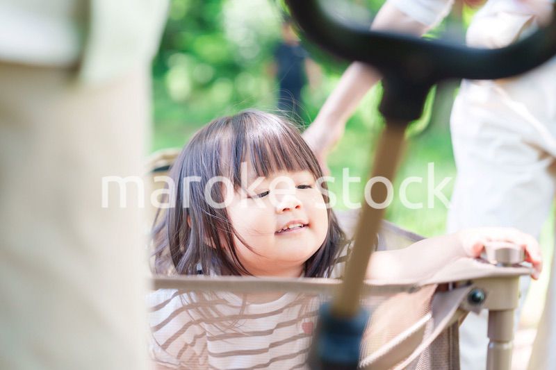 カートに乗って喜ぶ小さな女の子