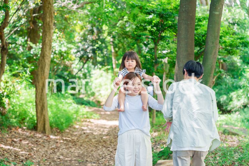 子どもを肩車して森の中を歩く家族