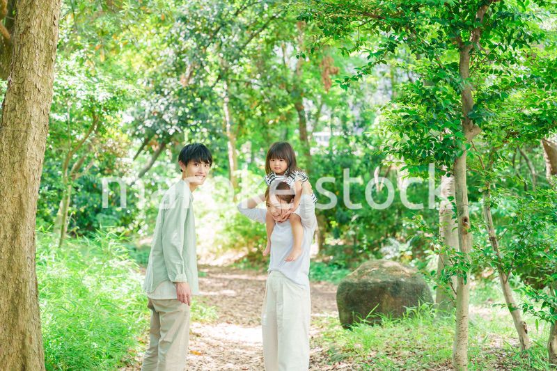 子どもを肩車して森の中を歩く家族