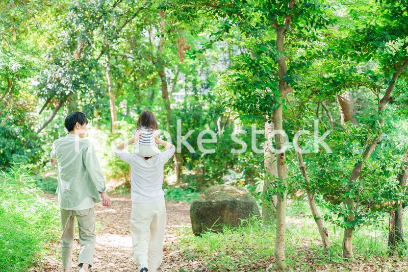 子どもを肩車して森の中を歩く家族