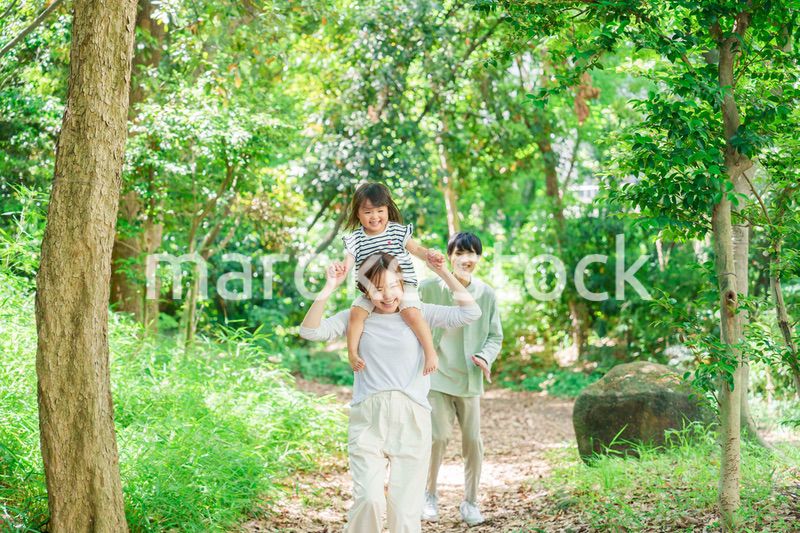 子どもを肩車して森の中を歩く家族