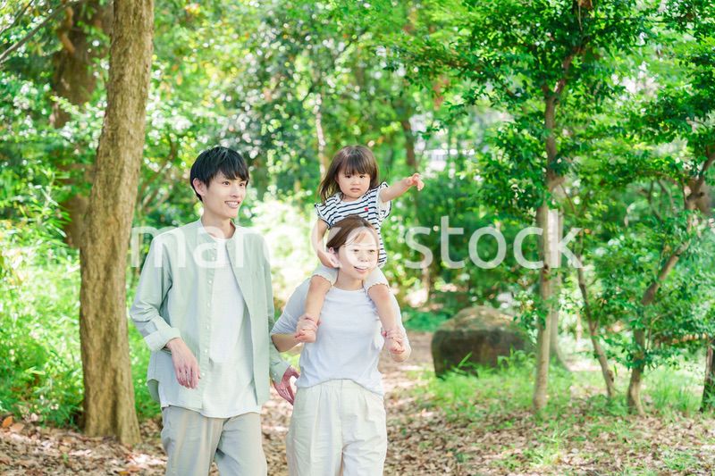 子どもを肩車して森の中を歩く家族