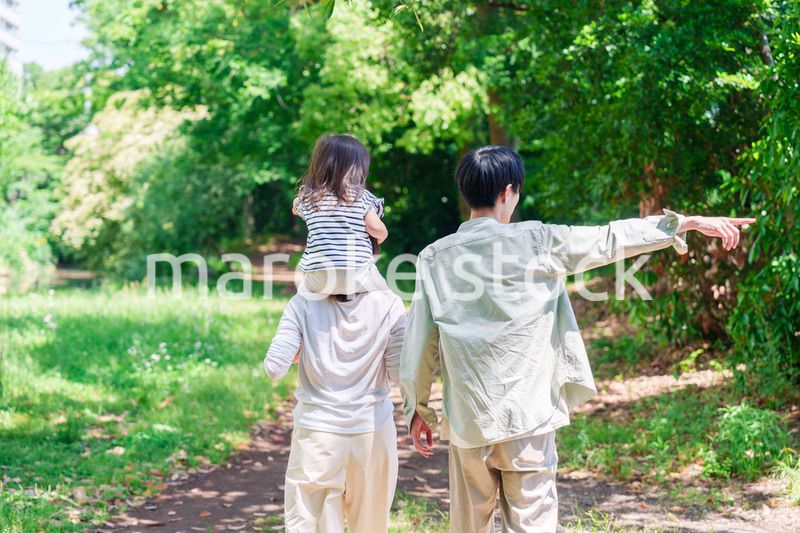 子どもを肩車して森の中を歩く家族