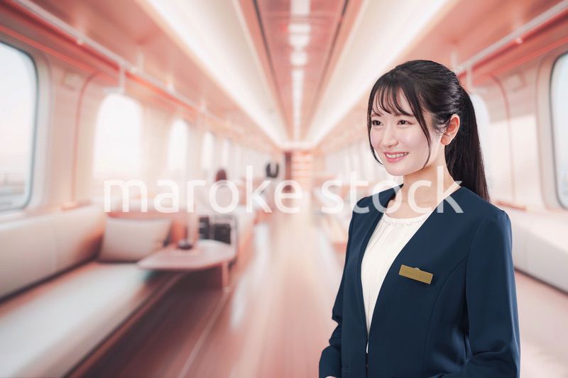 ラグジュアリーな鉄道で乗務員をする若い女性