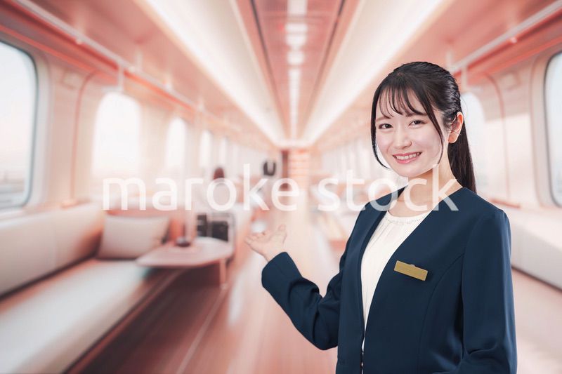 ラグジュアリーな鉄道で乗務員をする若い女性