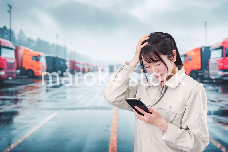 頭を抱えるトラックドライバーの女性