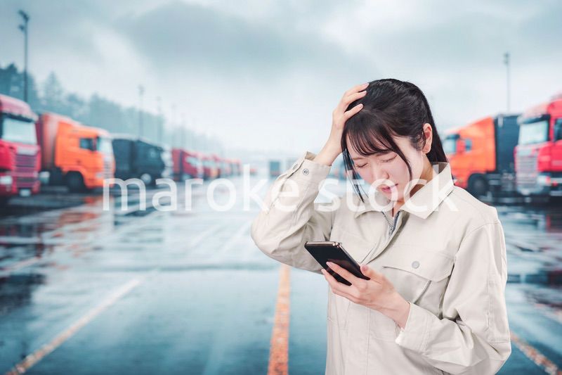 頭を抱えるトラックドライバーの女性