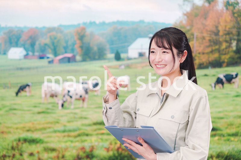 牧場で働く作業服姿の若い女性