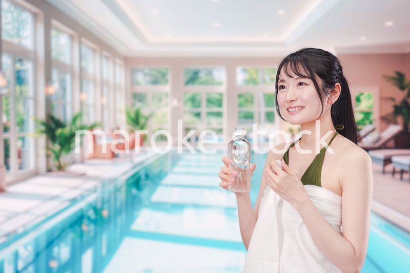 プールで水を飲んでクールダウンする水着姿の女性