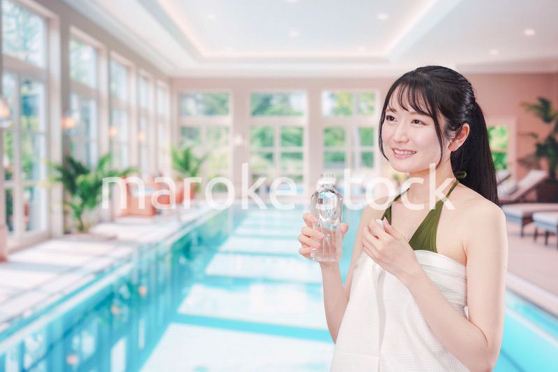 プールで水を飲んでクールダウンする水着姿の女性