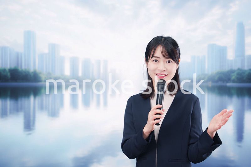 街角でマイクを使って演説をする若い女性