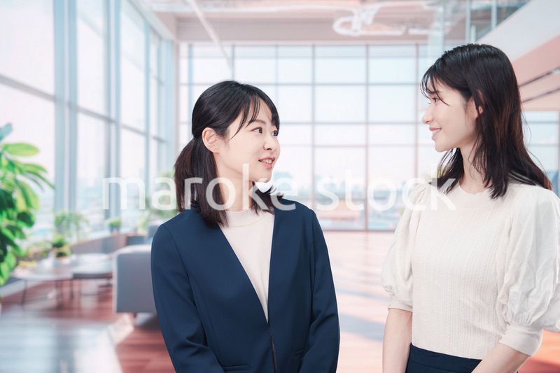 オフィスで会話をする二人のビジネスウーマン