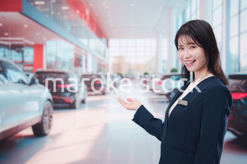 カーディーラーで接客をする若い女性