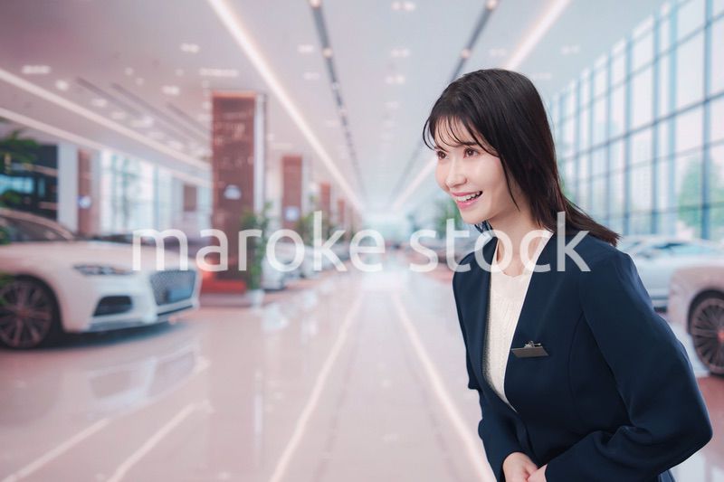 カーディーラーで接客をする若い女性