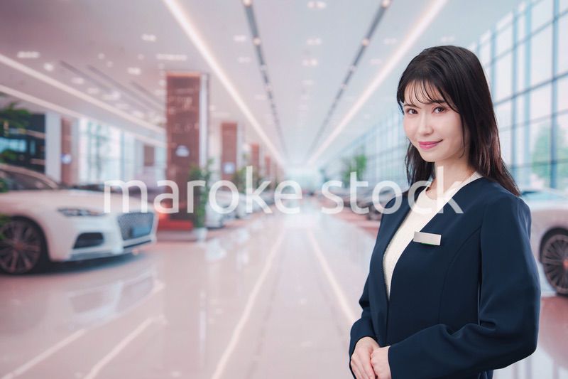 カーディーラーで接客をする若い女性