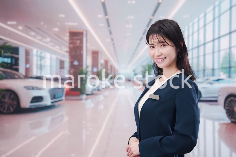 カーディーラーで接客をする若い女性