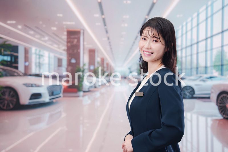 カーディーラーで接客をする若い女性