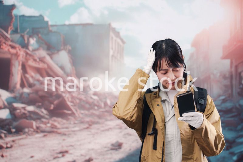 災害で被災し携帯電話が繋がらずに困る女性