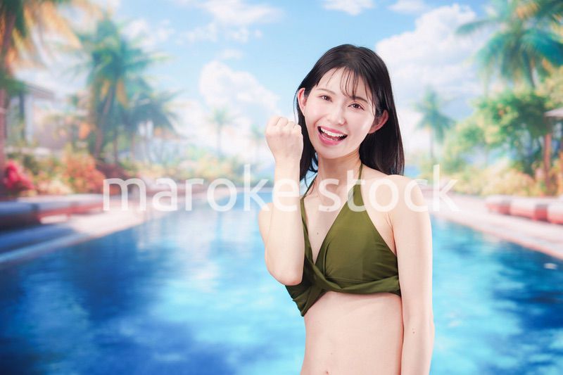 リゾートのプールで夏を楽しむ若い女性