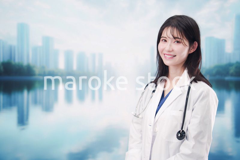 都会の外に立って笑顔の女性ドクター
