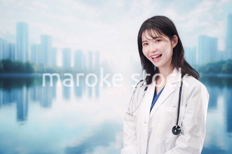 都会の外に立って笑顔の女性ドクター